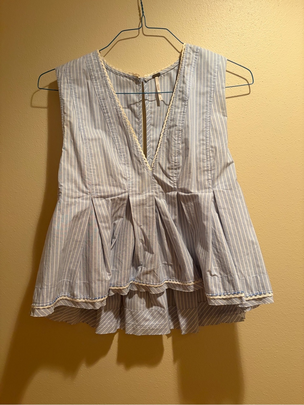 Free People Light Blue and White Striped V-Neck Peplum Tank